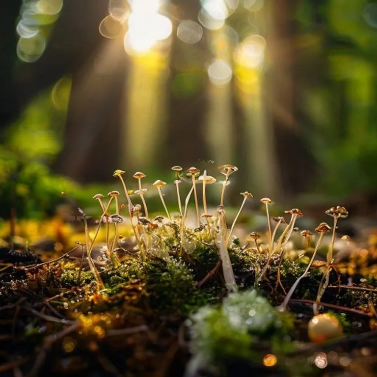 Suelo de bosque cubierto de musgo y pequeños hongos a contraluz