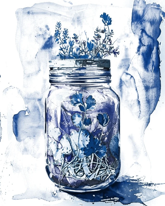 Tarro de fermentados en acuarela azul, estilo cianotipia